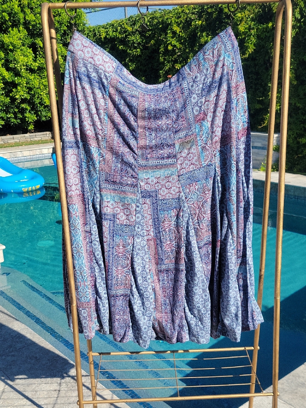 Boho Flowy Patchwork Midi Skirt in Blue and Purple 1X